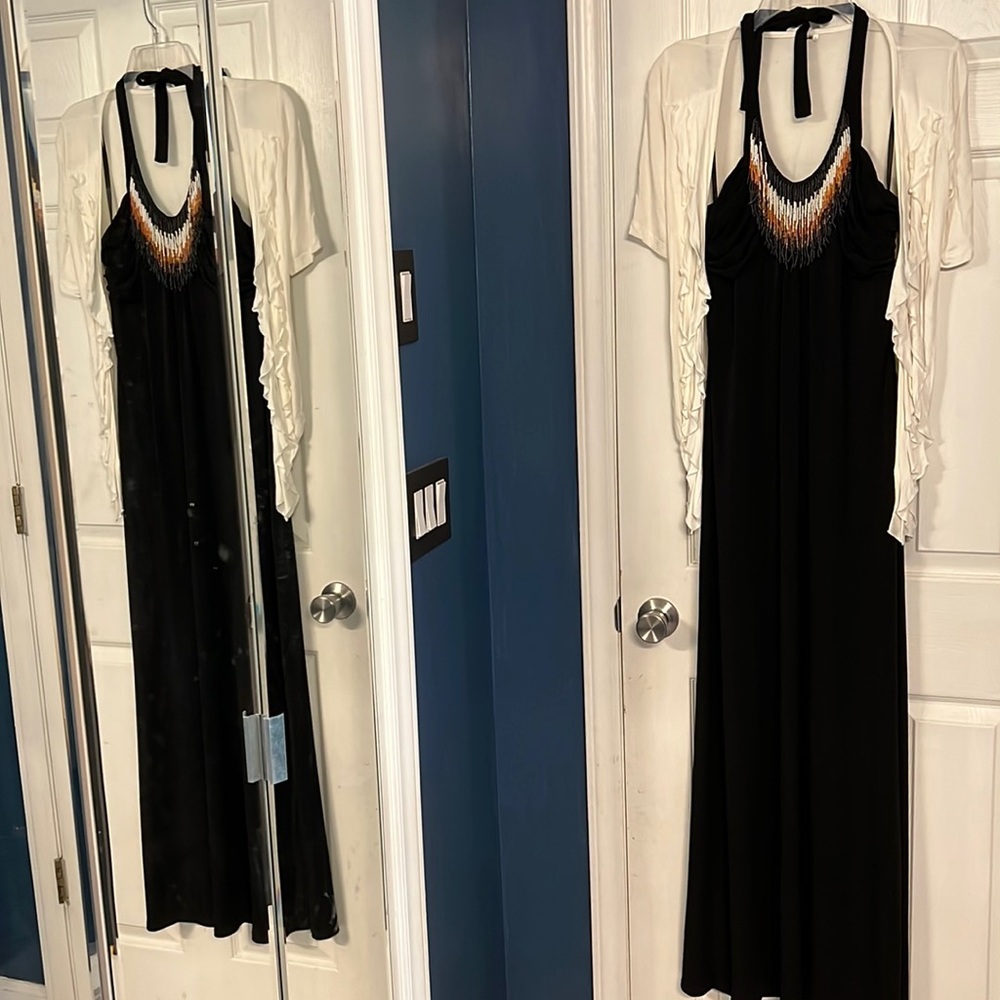 Glamour Black Halter Maxi w/White Cardigan- Size 8
